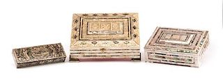 Three Indian or Middle Eastern Mother-of-Pearl Inlaid Boxes Width of widest 12 3/4 inches.