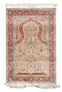 A Sino-Isfahan Silk and Wool Prayer Rug 6 feet 1 inch x 4 feet.