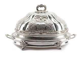 An English Silver-Plate Well-and-Tree Warming Stand with Cover, Late 19th/Early 20th Century, of oval form, the handled stand ra