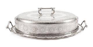A Silver-Plate Cloche and Tray, Late 19th/Early 20th Century, of oval form, the cloche having a continuous band of circular cart