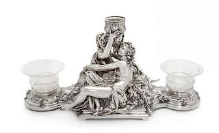 * A French Silver-Plate Centerpiece, Christofle, Paris, 20th Century, the central cup supported by two embracing figures sitting