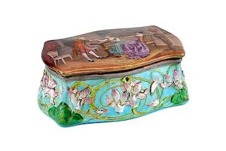An Austrian Enameled Silver Jewelry Box, , of serpentine outline, the hinged top enameled to show a gentleman and two ladies in