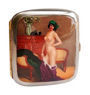 A German Enameled Silver Cigarette Case, Late 19th/Early 20th Century, the lid decorated with a female figure posing in a state