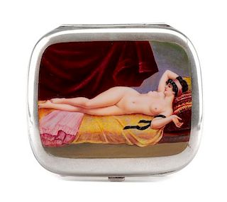 A German Enameled Silver Cigarette Case, Late 19th/Early 20th Century, the lid enameled to show a reclining nude, the underside