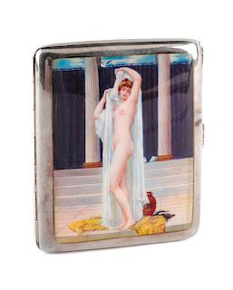 A German Enameled Silver Cigarette Case, Lutz & Wiess, Pforzheim, Late 19th/Early 20th Century, the lid enameled to show a nude