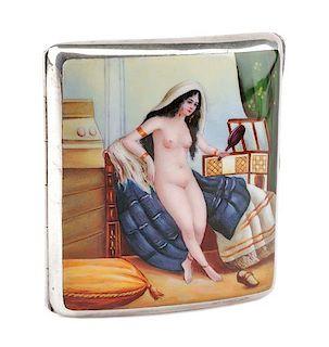 An Enameled Silver Cigarette Case, Likely American, Late 19th/Early 20th Century, the lid enameled to show an Orientalist nude f