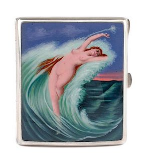 A Continental Enameled Silver Cigarette Case, Late 19th/Early 20th Century, the lid enameled to show a sea nymph.