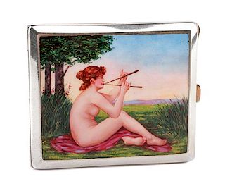 An Enameled Silvered Metal Cigarette Case, Early 20th Century, the lid enameled to show a seated nude playing two flutes in a ga