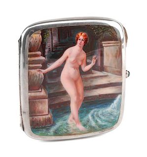 A Continental Enameled Silver Cigarette Case, Likely German, Late 19th/Early 20th Century, the lid enameled to show a bathing nu