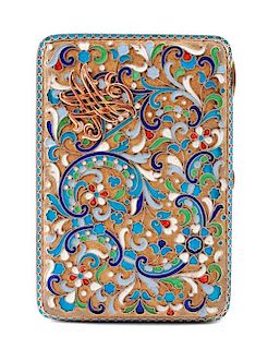 A Russian Enameled Silver Cigarette Case, Mark of Grigory Sbitnev, Moscow, Late 19th/Early 20th Century, the case worked to show