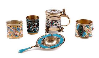 Five Enameled Silver Table Articles, Various Makers, 19th Century and Later, comprising two Russian napkin rings and a shot glas
