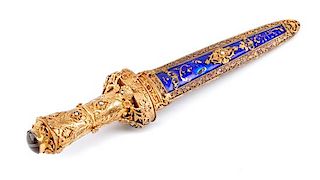 An Eastern European Silvered, Jeweled and Enameled Dagger Length 11 1/2 inches.