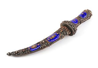 An Eastern European Silvered, Jeweled and Enameled Dagger Length 11 1/2 inches.