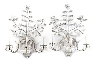 A Pair of Silvered Metal and Rock Crystal Three-Light Sconces Height 30 inches.