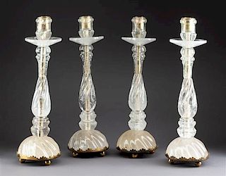 A Set of Four Gilt Metal Mounted Rock Crystal Candlesticks Height 15 1/4 inches.