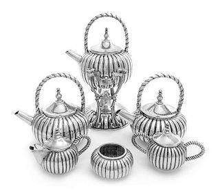 * A Mexican Silver Seven-Piece Tea and Coffee Service, Kimberley, Mexico City, 20th Century, Kimberly pattern, comprising a water