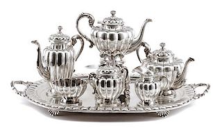 A Mexican Silver Seven-Piece Tea and Coffee Service, Sanborns, Mexico City, 20th Century, comprising a water kettle-on-stand, co