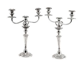 A Pair of American Silver Three-Light Candelabra, Gorham Mfg. Co., Providence, RI, each having three candle cups and a knopped s