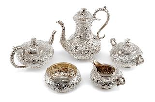 An American Silver Five-Piece Tea and Coffee Service, S. Kirk & Son, Baltimore, MD, Repousse pattern, comprising a teapot, coffe