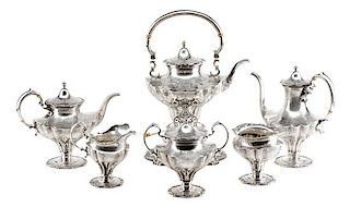 An American Sliver Six-Piece Tea and Coffee Service, Davis & Galt, Philadelphia, PA, Late 19th Century, comprising a water kettl