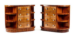 A Pair of Art Deco Style Burlwood Consoles Height 35 x width 41 1/2 x depth 16 inches.