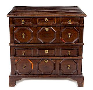 A Charles II Oak Chest of Drawers Height 38 1/4 x width 38 x depth 23 inches.