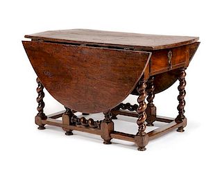 A William and Mary Walnut Drop-Leaf Table Height 30 1/2 x width 30 x depth 52 1/2 inches.