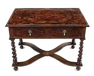 A William and Mary Style Marquetry Table Height 27 1/4 x width 38 1/4 x depth 23 3/4 inches.