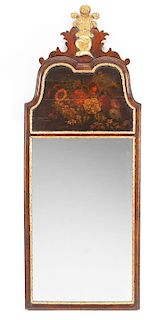 A Queen Anne Style Painted and Parcel Gilt Mahogany Mirror Height 53 x width 19 3/4 inches.