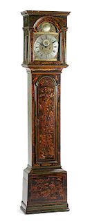 An English Lacquered Tall Case Clock Height 87 1/2 x width 20 x depth 10 inches.