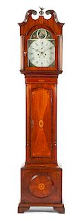 An English Inlaid Oak Tall Case Clock Height 89 x width 29 1/2 x depth 10 1/2 inches.