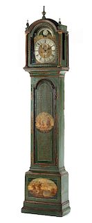 An English Painted Tall Case Clock Height 92 1/2 x width 20 1/2 x depth 10 1/2 inches.
