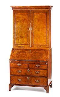 A George III Burl Walnut Secretary Bookcase Height 88 x width 40 1/2 x depth 23 inches.