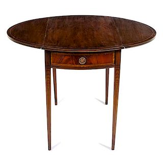 A George III Style Mahogany Pembroke Table Height 28 1/4 x width 19 3/8 (closed) x depth 30 inches.