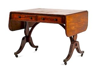 An English Mahogany Drop-Leaf Sofa Table Height 28 1/2 x width 36 1/2 x depth 31 inches (closed).