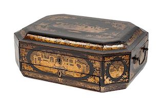 An English Colonial Lacquered Sewing Box Height 5 x width 15 x depth 10 1/2 inches.