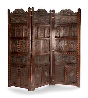 An English Renaissance Revival Three-Panel Floor Screen Height 78 1/2 x width of each panel 30 inches.