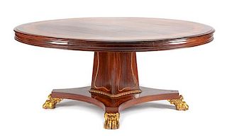 A Regency Style Parcel Gilt Mahogany Dining Table Height 30 1/2 x diameter of top 71 inches.