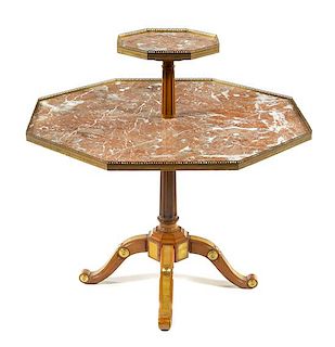 A Regency Style Gilt Bronze Mounted Mahogany and Marble Two-Tier Table Height 37 x width 36 1/2 inches.