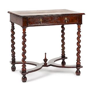 A George I Burled Walnut Side Table Height 27 x width 29 x depth 18 1/2 inches.