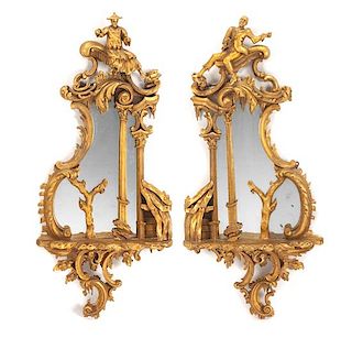 A Pair of Chinese Chippendale Style Giltwood Mirrors Height 44 x width 20 inches.