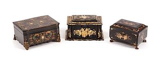 Three English Chinoiserie Boxes Width of largest 10 inches.