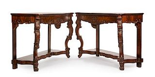 A Pair of Victorian Carved Mahogany Console Tables Height 40 3/4 x width 63 1/8 x depth 23 1/4 inches.