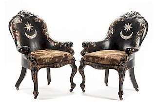 A Pair of Victorian Mother-of-Pearl Inlaid Slipper Chairs Height 33 1/2 inches.