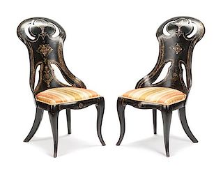 A Pair of Victorian Papier Mache Slipper Chairs Height 35 inches.