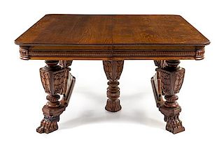 A Victorian Renaissance Revival Oak Extension Table Height 27 x width 54 x depth 54 inches.
