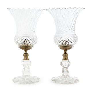 A Pair of Cut Glass Hurricane Candlesticks Height 16 3/4 inches.