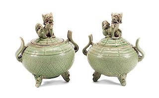 A Pair of Chinese Celadon Porcelain Covered Censers Height 12 inches.