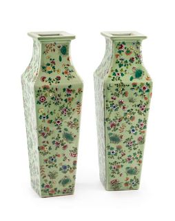 A Pair of Chinese Celadon Porcelain Vases Height 14 inches.