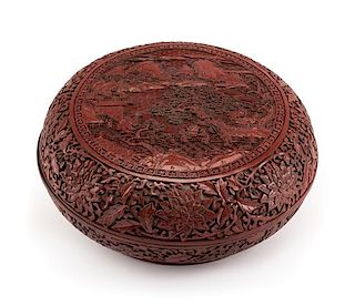 A Chinese Cinnabar Covered Box Height 5 x diameter 12 inches.